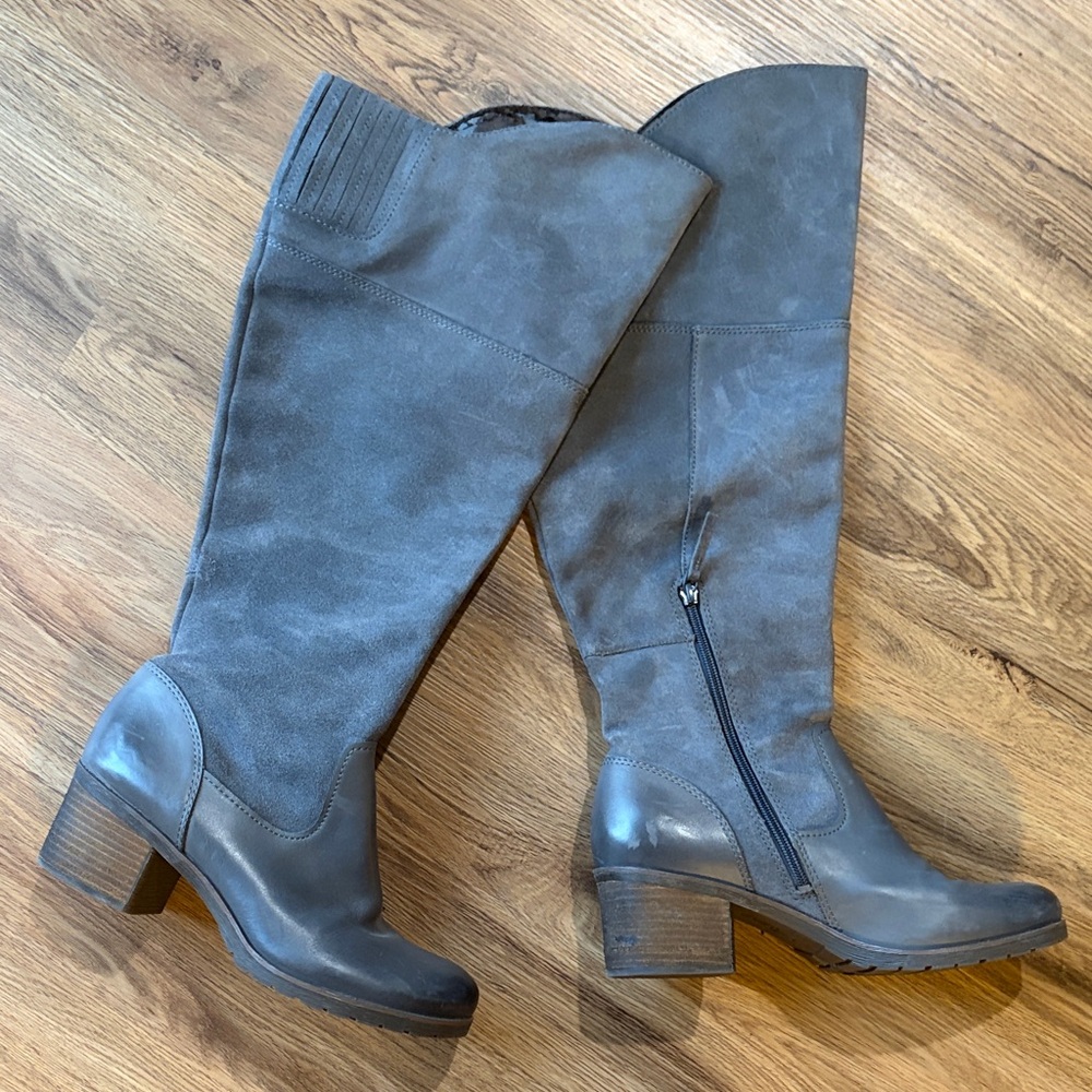 Naya Wide Shaft Gray Heeled Over-the-Knee Boots